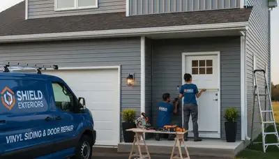 Technician repairing exterior door with vinyl siding in Cleveland, OH home