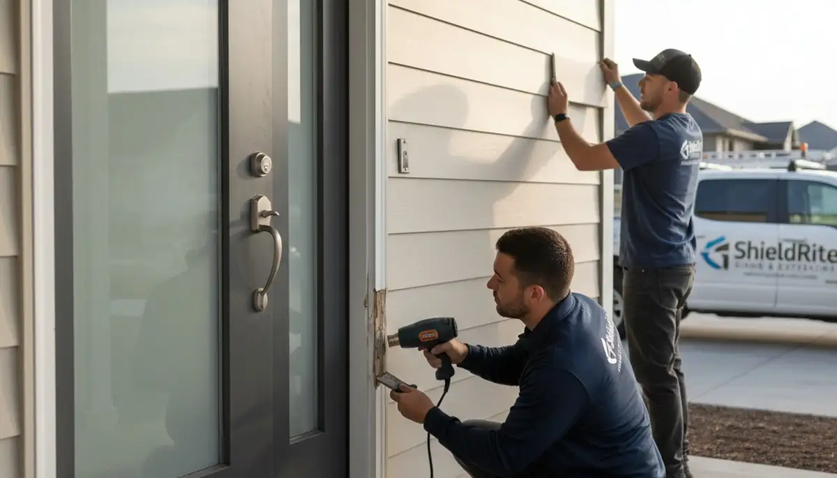 Technician repairing vinyl door frame on home exterior in Cleveland OH for Next Level Exteriors