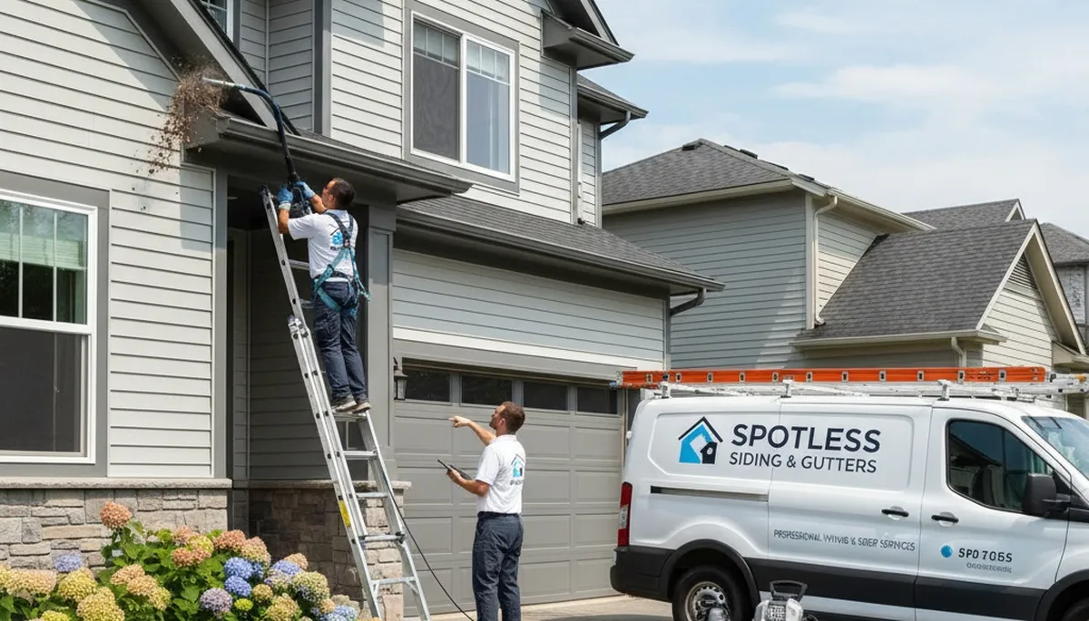 Technician cleaning home gutters in Cleveland, OH with vinyl siding to prevent water damage