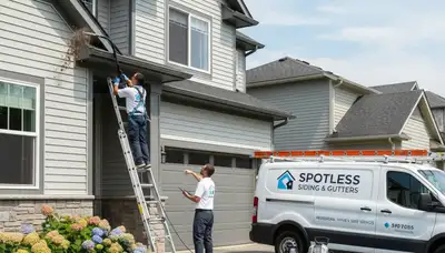 Technician cleaning home gutters in Cleveland, OH with vinyl siding to prevent water damage