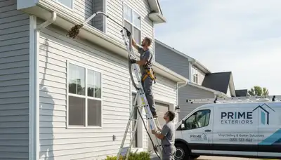 Technician cleaning home gutters with vinyl siding in Cleveland, OH for Next Level Exteriors