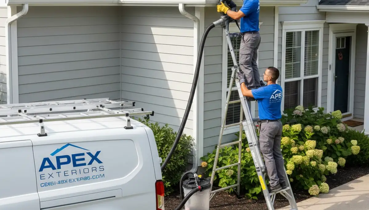 Technician cleaning house gutters near vinyl siding in Cleveland, OH for Next Level Exteriors