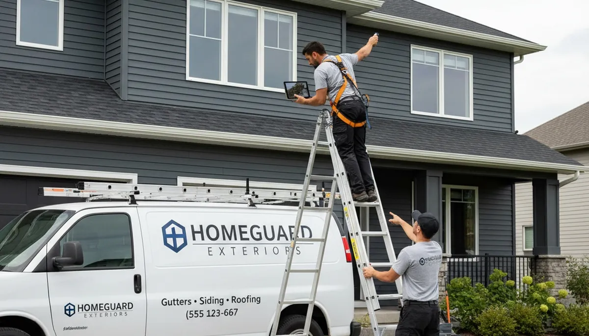 Technician performing vinyl siding and gutter inspection in Cleveland, OH home exterior