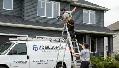 Technician performing vinyl siding and gutter inspection in Cleveland, OH home exterior