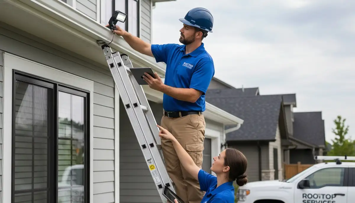 Technician performing gutter inspection on vinyl-sided home in Cleveland, OH