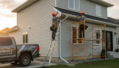 Technician repairing vinyl siding and gutters on Cleveland OH home exterior after storm damage