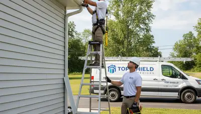 Technician repairing home gutters and vinyl siding in Cleveland, OH