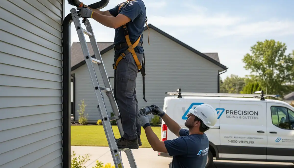 Technician repairing home gutters and vinyl siding in Cleveland, OH after lake effect storm damage