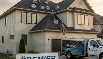Crew installing new roof on Cleveland, OH home by Next Level Exteriors vinyl siding specialists