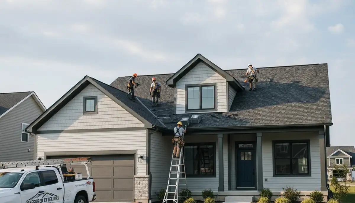Vinyl siding and roof repair experts working on a Cleveland OH home exterior upgrade