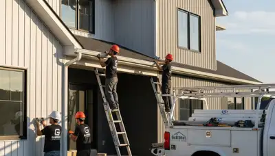Technician installing seamless vinyl gutters on Cleveland OH home exterior for weather protection