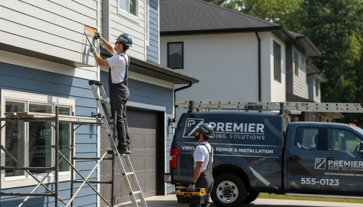 Technician repairing damaged vinyl siding on home exterior in Cleveland, OH