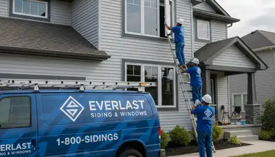 Technician repairing vinyl window frame on home exterior in Cleveland, OH