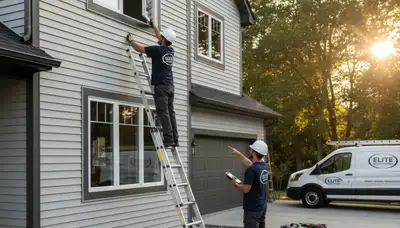 Technician repairing vinyl siding and windows on Cleveland OH home exterior